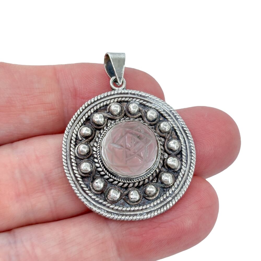 Vintage Sterling Silver 925 Carved Quartz Pendant